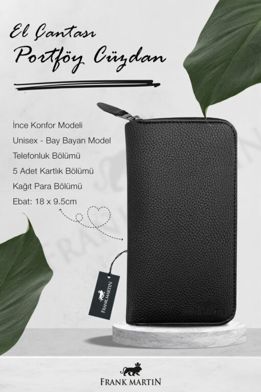 Telefon Bölmeli Unisex Kartlıklı Telefonluk Deri Uzun Portföy Siyah Cüzdan - Görsel 5