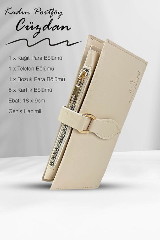 Telefon Kağıt Para ve Bozuk Para Bölmeli Portföy Kadın Cüzdan Krem - Görsel 7