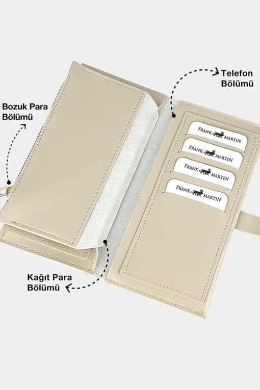 Telefon Kağıt Para ve Bozuk Para Bölmeli Portföy Kadın Cüzdan Krem - Görsel 3