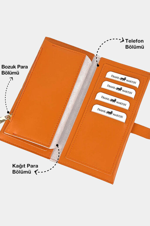 Telefon Kağıt Para ve Bozuk Para Bölmeli Portföy Kadın Cüzdan Turuncu - Görsel 3