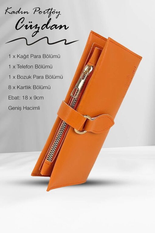 Telefon Kağıt Para ve Bozuk Para Bölmeli Portföy Kadın Cüzdan Turuncu - Görsel 6
