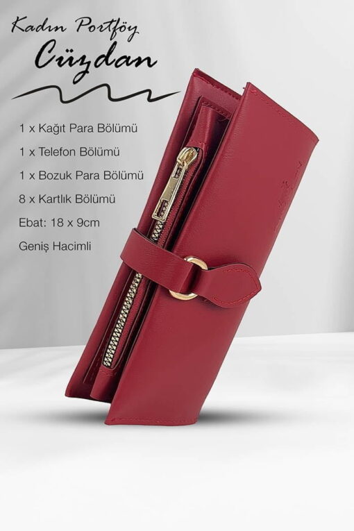 Telefon Kağıt Para ve Bozuk Para Bölmeli Portföy Kadın Cüzdan Kırmızı - Görsel 6
